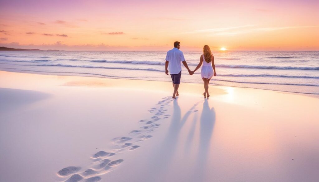 Couple holding hands while walking along the beach at sunset